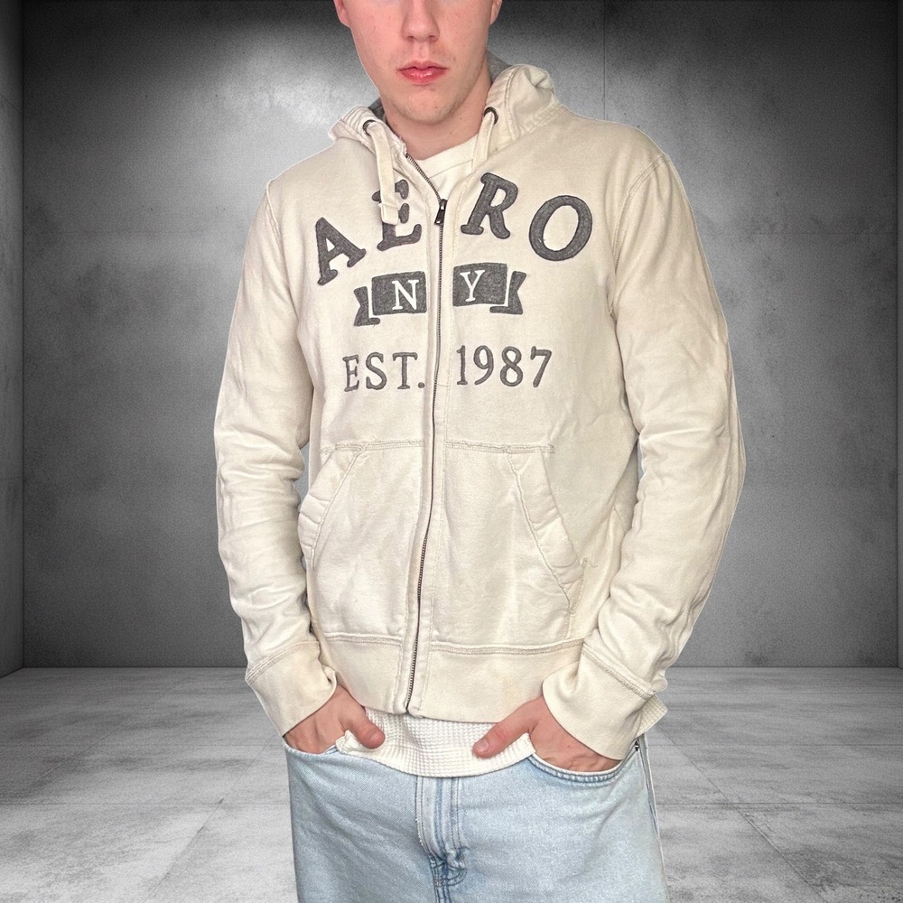 Aeropostale Mens Vintage Y2K Zip Up Hoodie Cream Graphic Skater Size M